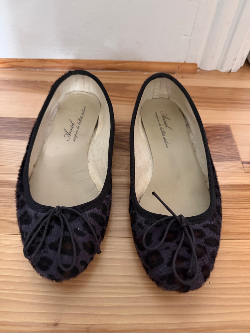 Anniel Black Leopard-Patterned Calf Hair Ballet Flats